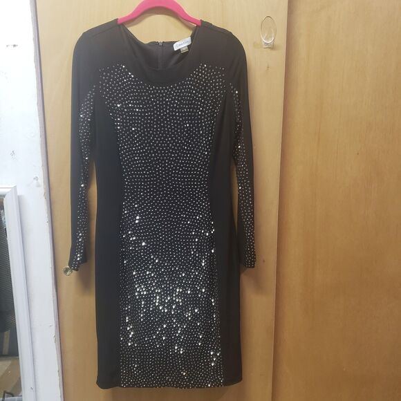 Calvin Klein Womens Long Sleeve Beaded Cocktail Dress Color: Black Sz 8 - Picture 3 of 6